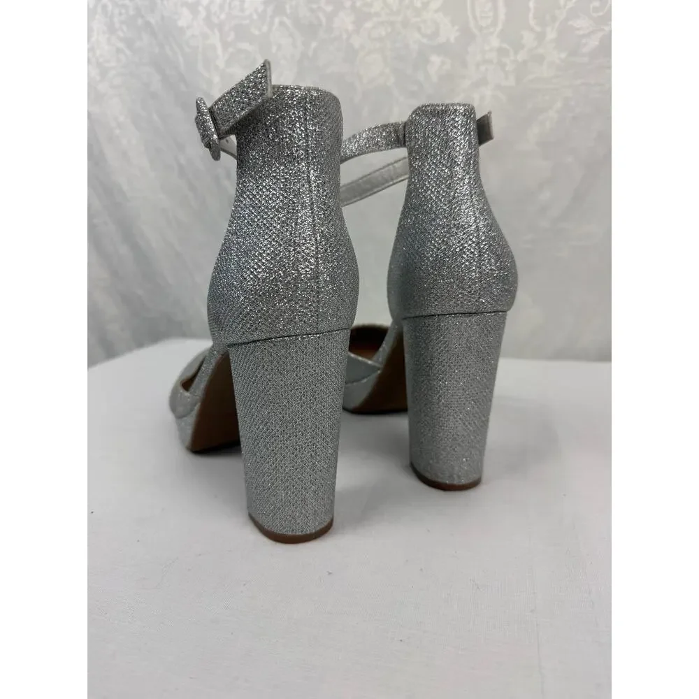 Genshou Silver Rhinestone Ankle Strap Stiletto Heels Size 8.5